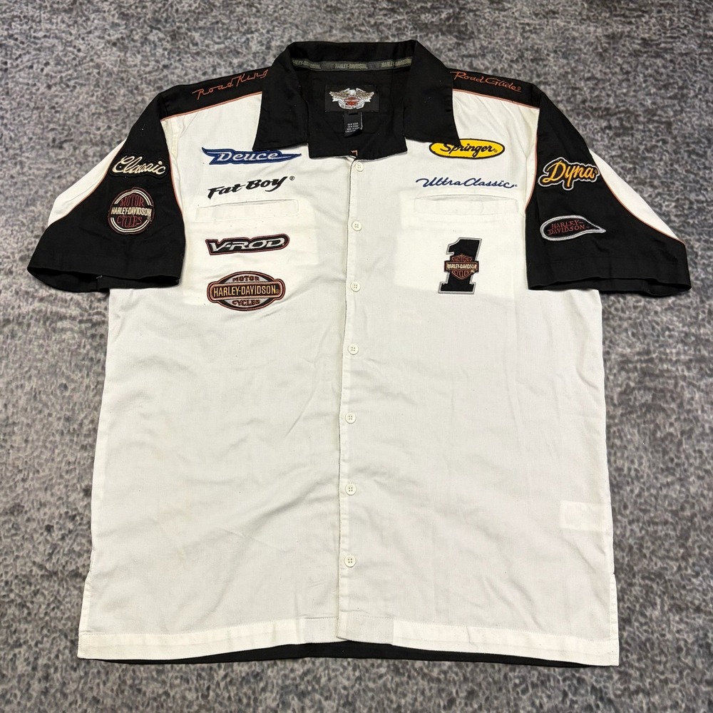 Harley Davidson Mechanic Button Down Shirt  XL White Black Biker Motorcycle VTG